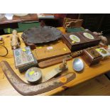 SELECTION OF TREEN AND DECORATIVE WARE, INCLUDING BLACK FOREST STYLE PLATE, CIGARETTE BOX, SHELLS,