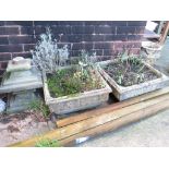 A PAIR OF SQUARE COMPOSITE STONE PLANTERS WITH STANDS