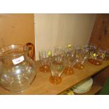 Matched glassware including jug, drinking glasses and sundae dishes.