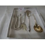 FRENCH WHITE METAL SPIRAL HANDLED SPOON AND FORK, TONGS WITH FLUTED DECORATION, AND A DECORATIVE