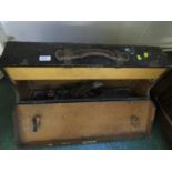 VINTAGE WOODEN CARPENTERS TOOL BOX WITH CONTENTS INCLUDING UNION NUMBER 8 PLANE (PLANE, CALIPERS AND