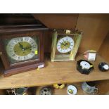 Wooden cased chiming mantel clock with German movement, a Seiko quartz mantel clock and three