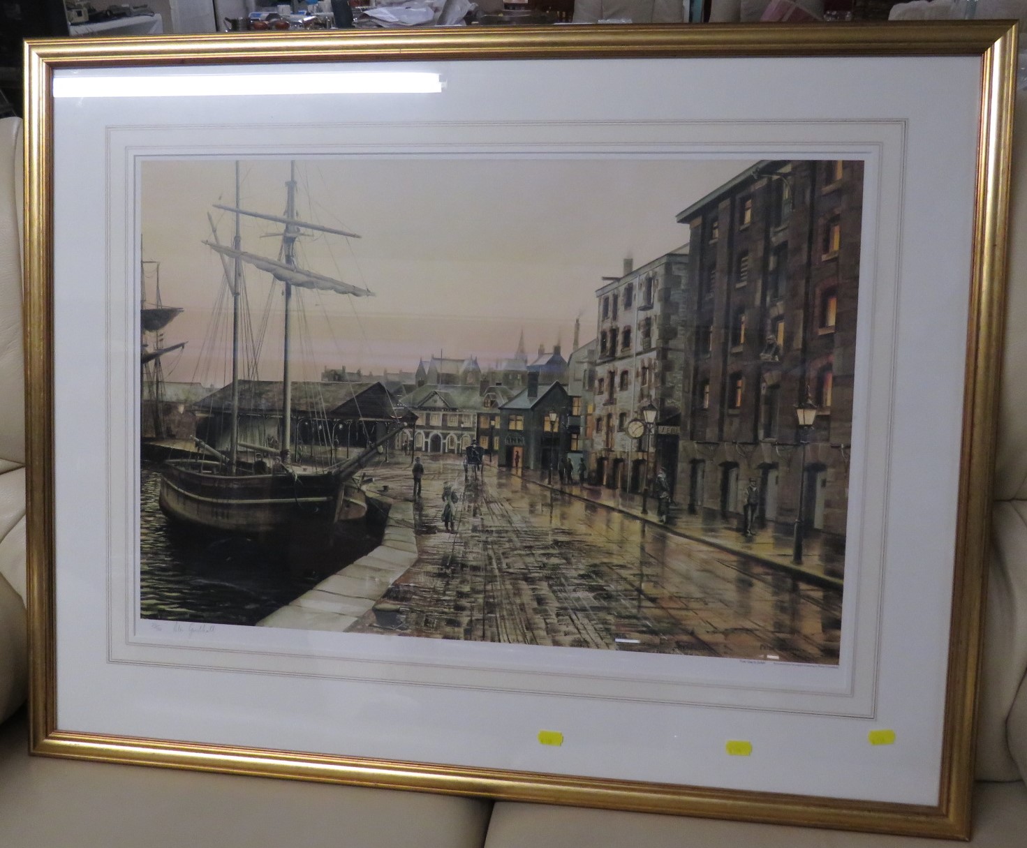 AFTER PETER GOODHALL, FRAMED AND GLAZED LIMITED EDITION COLOUR PRINT 'EXETER QUAY BY GASLIIGHT',