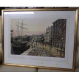 AFTER PETER GOODHALL, FRAMED AND GLAZED LIMITED EDITION COLOUR PRINT 'EXETER QUAY BY GASLIIGHT',