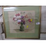 Framed and mounted still life painting on fabric of flowers in vase.