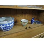 CHINESE BLUE AND WHITE PLANTER, HAND-PAINTED CHINA BOWL, BLUE AND WHITE ORIENTAL DISH AND VASE
