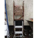 ONE ALUMINUM THREE TIER PLATFORM STEPLADDER TOGETHER WITH A WOODEN FIVE TIER STEPLADDER. (AF)