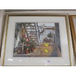 FRAMED AND GLAZED COLOURED PRINT OF RIVERSIDE VERANDAH