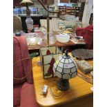 BRASS ELBOW TABLE LAMP, SMALL TIFANNY STYLE LAMP AND GLASS LIGHT SHADE.