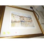 Framed and mounted coloured print of Salcombe signed in pencil.