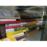 ONE SHELF OF BOOKS, DVDS, SCRABBLE GAME AND VINYL RECORD BOX SET.