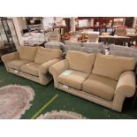 LARGE BEIGE UPHOLSTERED TWO-SEATER SOFA WITH SMALL MATCHING TWO-SEATER SOFA