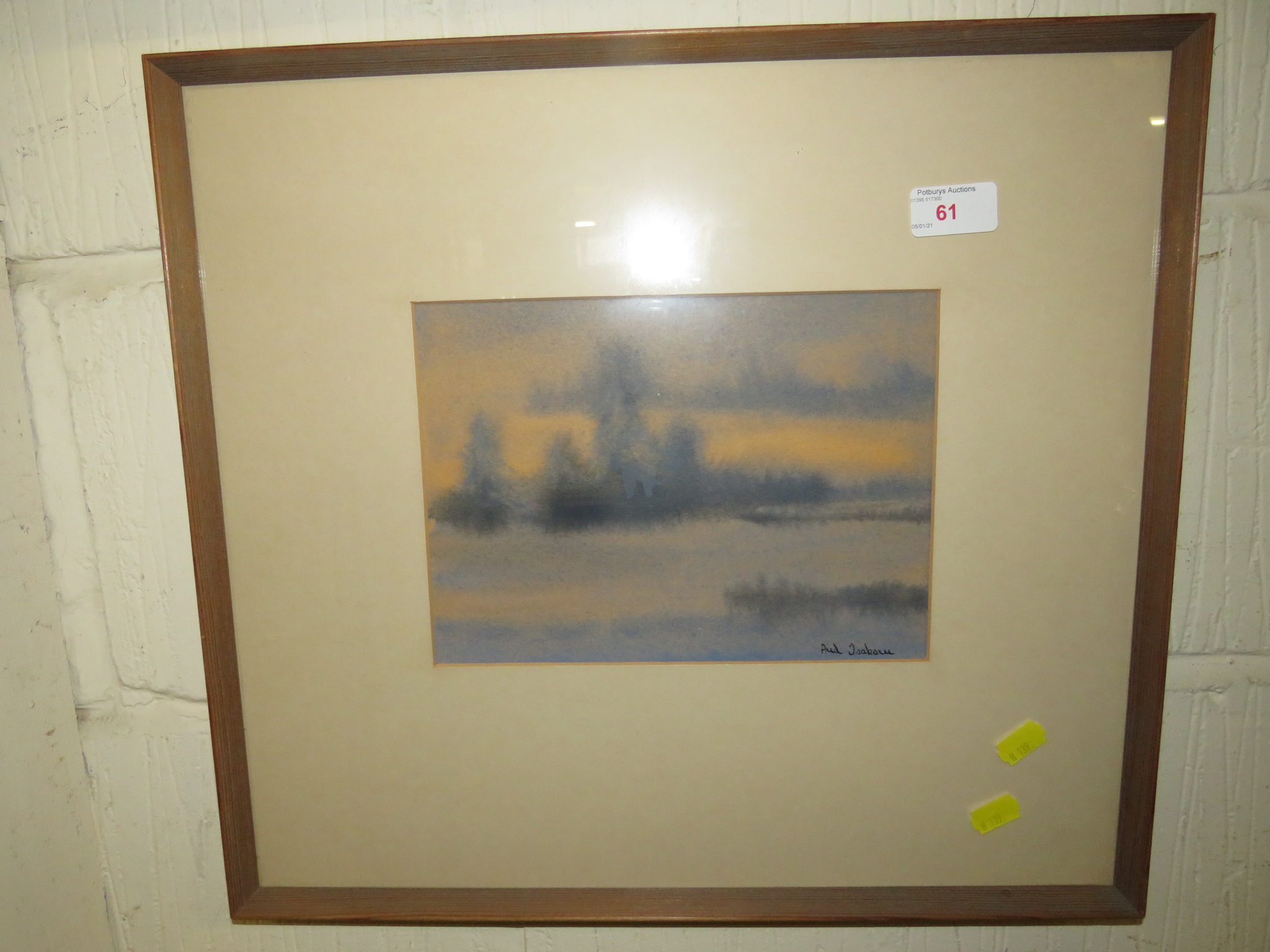 Framed and mounted mixed media winter landscape signed lower right.