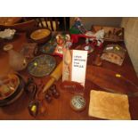 TREEN WARE INCLUDING PULL ALONG TOY, MUSICAL TRINKET BOX, BOWLS, TOGETHER WITH TWO PLASTER WALL