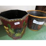 PAINTED WOODEN WASTE PAPER BIN TOGETHER WITH A WICKER WASTE PAPER BIN.
