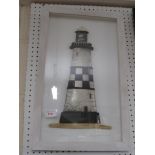 FRAMED AND GLAZED CERAMIC RELIEF OF A LIGHTHOUSE BY RICHARD GOODWIN JONES.