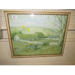 Frame and glazed coloured print of farmstead