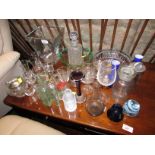 MIXED GLASSWARE INCLUDING STOPPERED DECANTER, DRINKING GLASSES, BOWLS, PAPERWEIGHT AND VASES