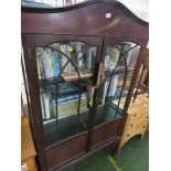 MAHOGANY GLAZED CHINA DISPLAY CABINET WITH TWO GEOMETRICALLY GLAZED DOORS, ON CABRIOLE LEGS