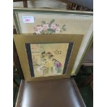 ANTIQUE CHINESE PAINTING DEPICTING A LADY PAINTING A SCROLL, SIGNED; AND A FRAMED AND GLAZED CHINESE