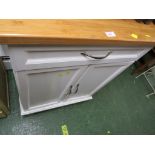 WHITE PAINTED KITCHEN WORK UNIT ON WHEELS WITH LIGHT WOOD TOP. (AF)