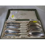 Set of six silver-plated dessert spoons, marked VICTORIA 40 KONTROLL SCHMELCK, in case.