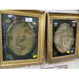 Pair of antique embroidered pictures depicting ladies and children in rural scenes, in gilt frames.