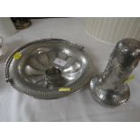 A PLANISHED PEWTER SERVING BOWL WITH HANDLE, A TALBOT PEWTER SUGAR CASTER, AND A PEWTER NAPKIN RING