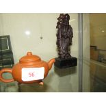 MINIATURE YIXING STYLE CHINESE TERRACOTTA TEAPOT, AND A CARVED CHINESE FIGURE