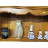 FIVE ITEMS OF STUDIO POTTERY, INCLUDING STONEWARE VASE, AND A PAIR OF ISLE OF SKY CANDLE HOLDERS.