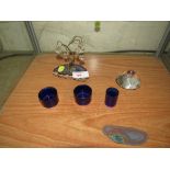 CRYSTAL DROP TREE ORNAMENT, PYRAMIDAL GLASS PAPERWEIGHT, THREE BRISTOL BLUE GLASS LINERS, AND A