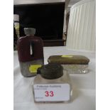 Glass inkwell with brass lid , dressing table jar with brass lid and small leather clad and pewter