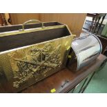 BRASS CLAD MAGAZINE RACK AND METAL BREAD BIN