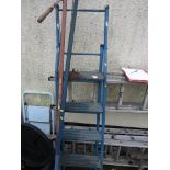A STEEL FIVE-TREAD STEPLADDER IN BLUE, AND A PAIR OF LONG REACHING HEDGE AND TREE TRIMMERS (A/F)