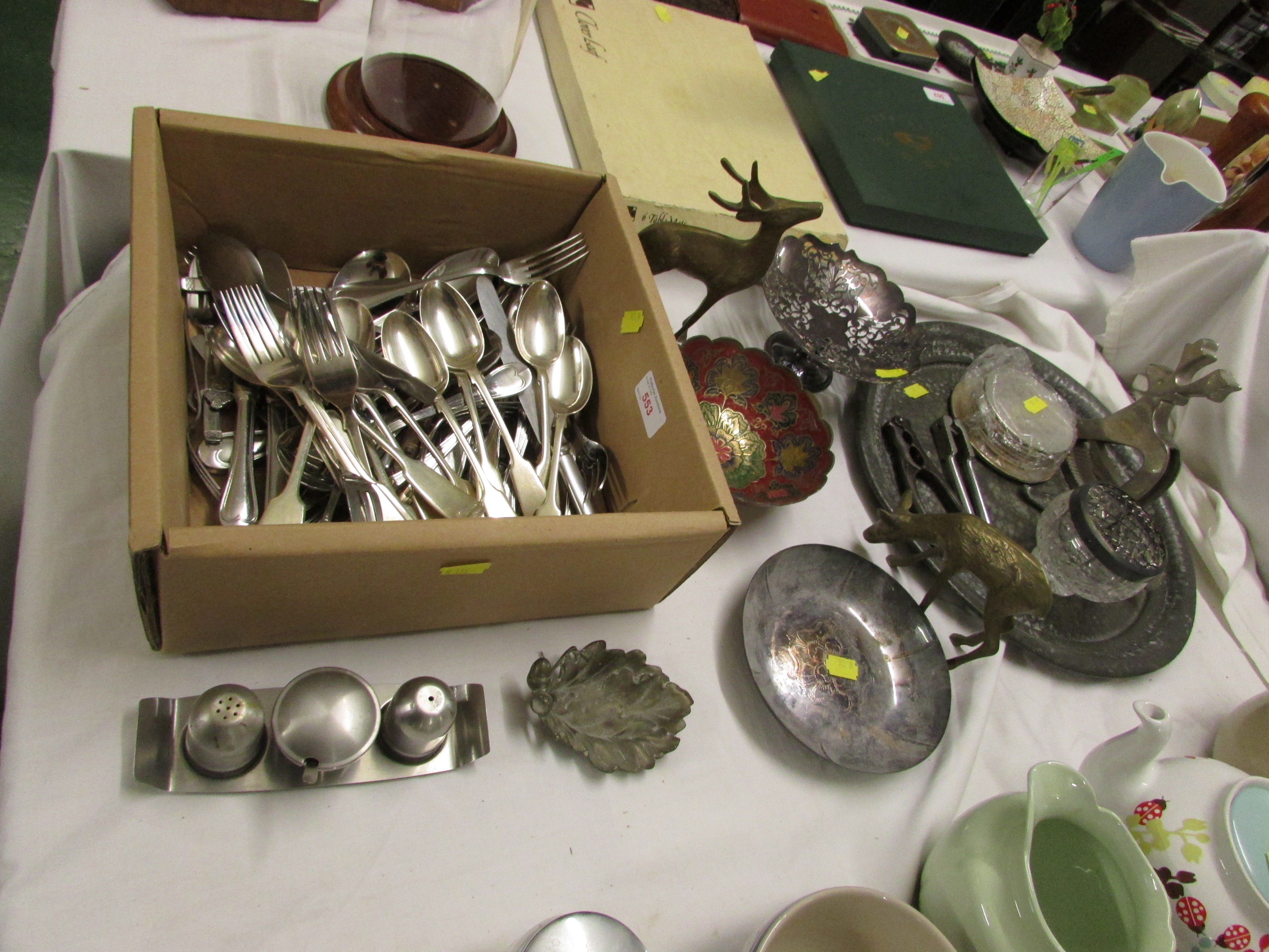 PLANISHED PEWTER TRAY, SILVER-PLATED BOWL ON FOOT, ASSORTED CUTLERY AND OTHER METAL WARE