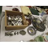 PLANISHED PEWTER TRAY, SILVER-PLATED BOWL ON FOOT, ASSORTED CUTLERY AND OTHER METAL WARE