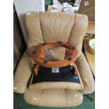 EKORNESS STRESSLESS CHAIR IN PALE BROWN LEATHER WITH FOOT STOOL.