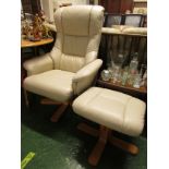 BEIGE LEATHER EFFECT SWIVEL RECLINING ARMCHAIR AND MATCHING FOOT STOOL