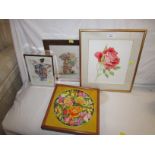 ACRYLIC ON CANVAS OF ROSES, PRINT OF ROSE AFTER ELEANOR LUDGATE, AND TWO FRAMED NEEDLE WORKS