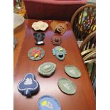 DECORATIVE ITEMS INCLUDING WEDGWOOD JASPER WARE, WALL MASKS AND POTTERY DISH
