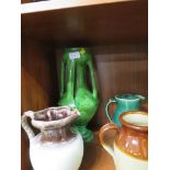 Three pottery jugs together with green glazed pottery vase (a/f)
