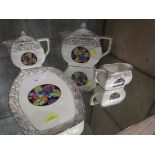Empire Art Deco ceramic four-part tea set comprising tray, teapot, hot water pot and milk jug,