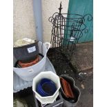 A SELECTION OF COMPOSITE, CERAMIC AND PLASTIC PLANT POTS, A PLASTIC STORAGE BOX, AND THREE