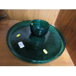 Large green studio glass dish with signature to base together with matching bowl with signature