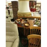 VINTAGE TEAK AND BRASS FLOOR LAMP WITH CREAM TASSEL SHADE.