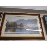 FRAMED AND GLAZED LIMITED EDITION PRINT OF RIVER SCENE, LABELLED 'GRANGE IN BARROWDALE CALM