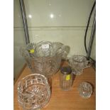 FIVE ITEMS OF CUT GLASS INCLUDING DRESSING TABLE JAR AND BOWLS