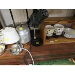 TWO DESK LAMPS, TABLE LAMP, WOODEN BREAD BIN AND HOUSEHOLD CHINA ETC (ONE SHELF)