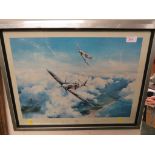 FRAMED AND GLAZED COLOURED PRINT AFTER ROBERT TAYLOR TITLED SPITFIRE WITH PENCIL SIGNATURES,