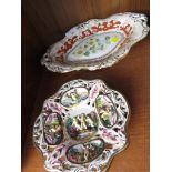 DAVENPORT CHINA DISH ON FOOT DECORATED WITH FLOWERS, TOGETHER WITH A CAPODIMONTE WALL HANGING.